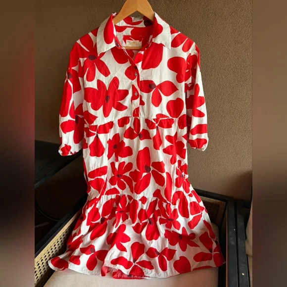 Maeve Anthropologie Bettina Midi Dress Tiered Buttondown Red Flowers SP - Picture 4 of 14